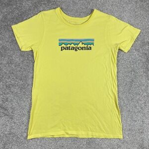 Patagonia T Shirt Womens Small Logo Mountains Rainbow Made in USA Yellow